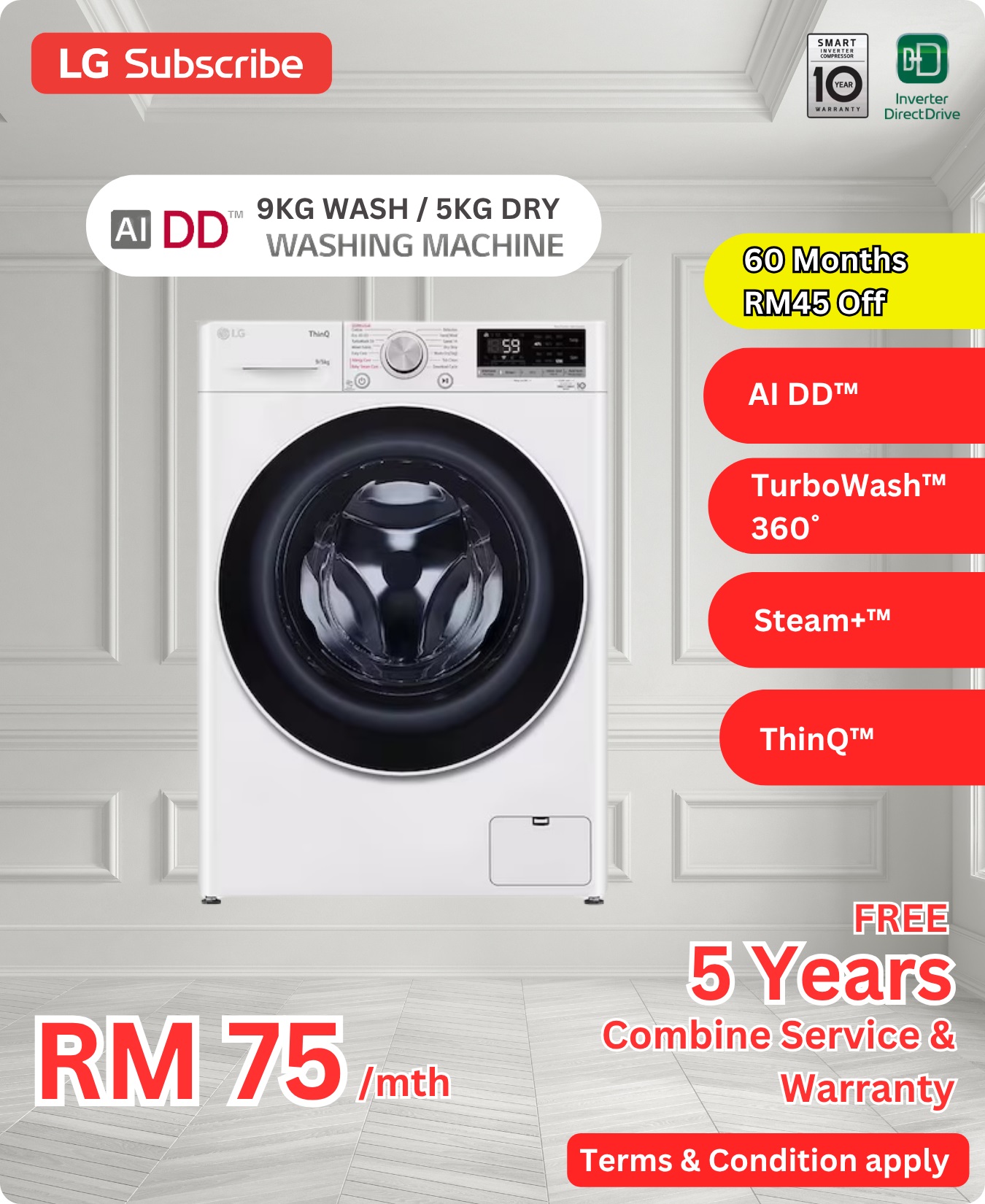 LG AI DD 9KG Wash 5KG Dry Washing Machine